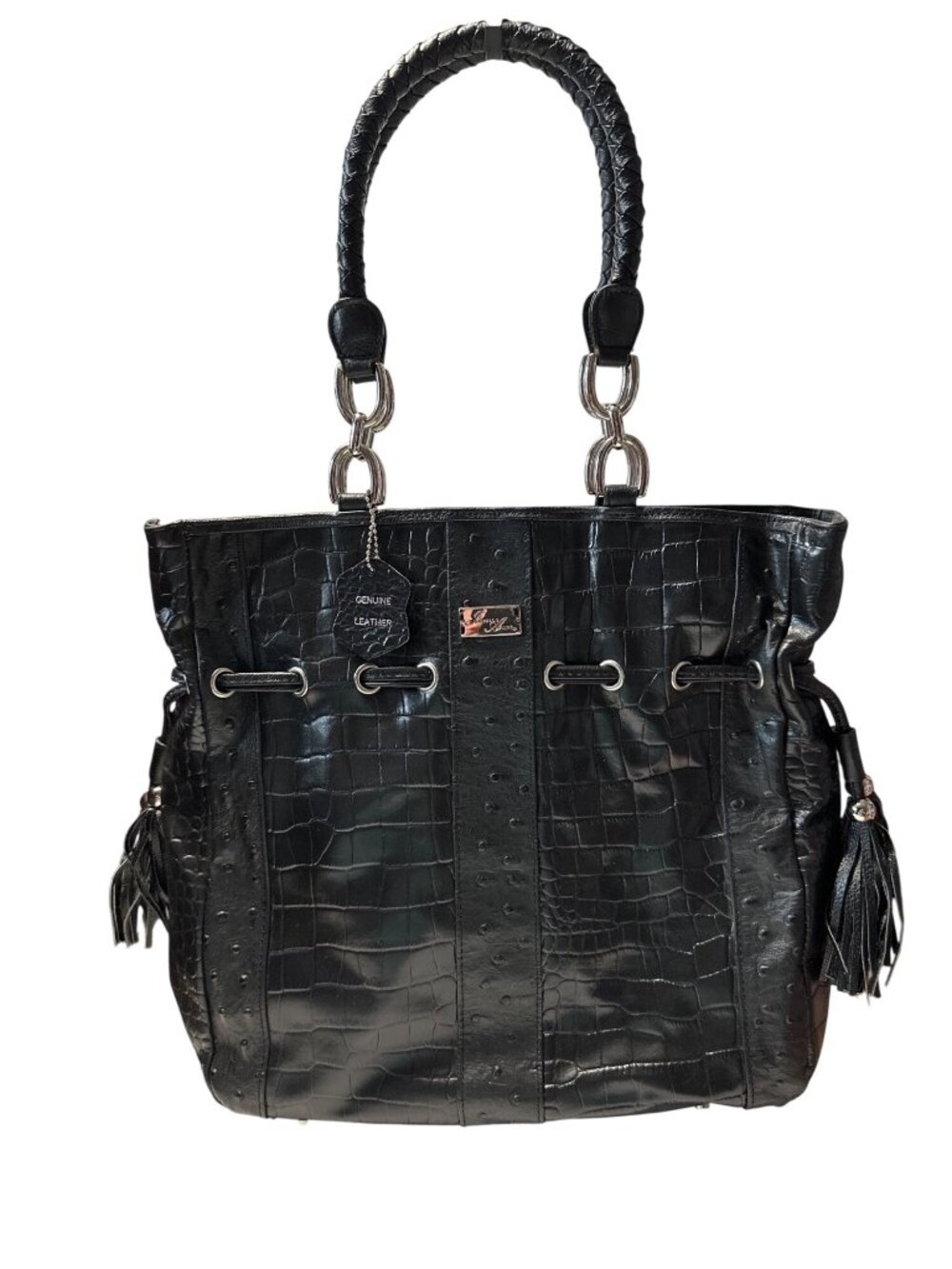 Isabella Adams Black Croc-Embossed Genuine Leather Tassels Braided Handles Tote